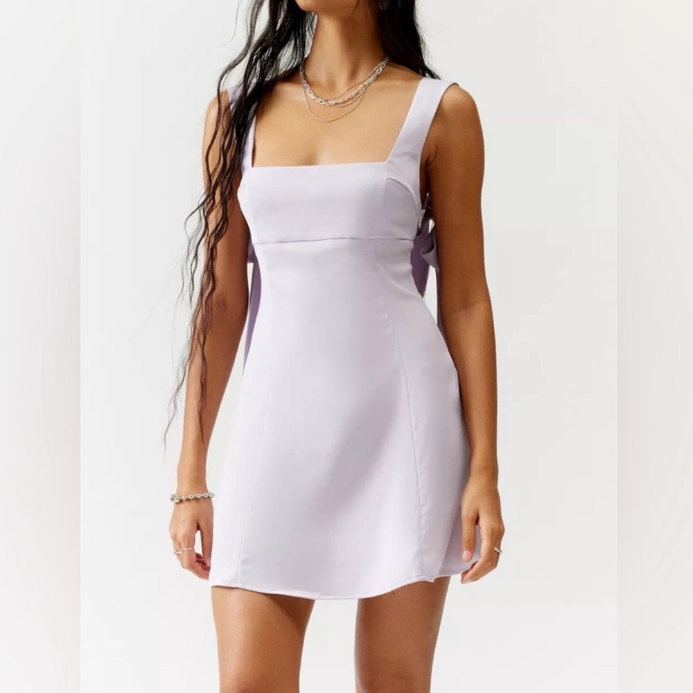UO Bri Double Bow Satin Mini Dress - Lavender